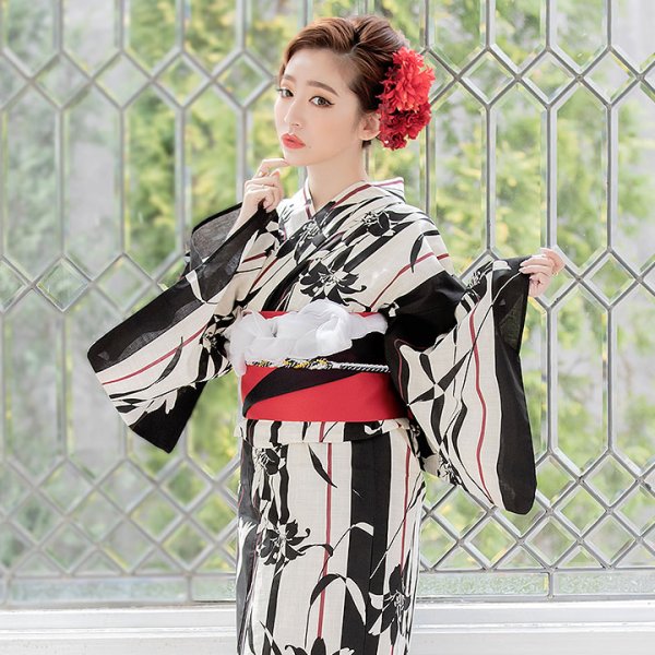 画像3: 【即日発送】【浴衣】ストライプ×百合の花模様浴衣セット【浴衣３点セット浴衣/帯/下駄】【YMT】