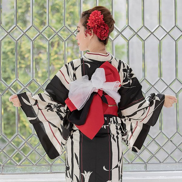 画像5: 【即日発送】【浴衣】ストライプ×百合の花模様浴衣セット【浴衣３点セット浴衣/帯/下駄】【YMT】