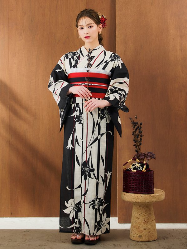 画像12: 【即日発送】【浴衣】ストライプ×百合レトロモダン浴衣【浴衣３点セット浴衣/帯/下駄】【YMT】
