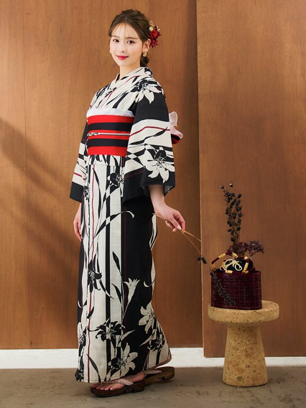 画像13: 【即日発送】【浴衣】ストライプ×百合レトロモダン浴衣【浴衣３点セット浴衣/帯/下駄】【YMT】