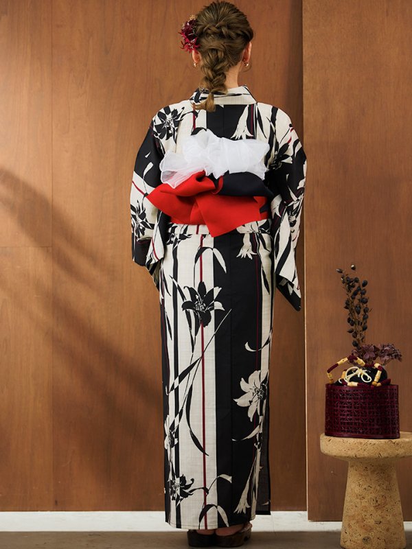 画像14: 【即日発送】【浴衣】ストライプ×百合レトロモダン浴衣【浴衣３点セット浴衣/帯/下駄】【YMT】