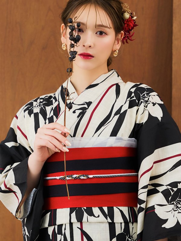 画像15: 【即日発送】【浴衣】ストライプ×百合レトロモダン浴衣【浴衣３点セット浴衣/帯/下駄】【YMT】