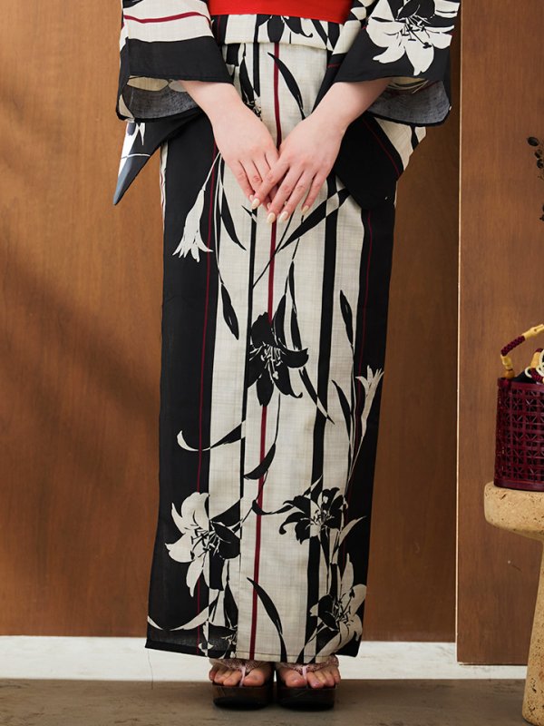 画像16: 【即日発送】【浴衣】ストライプ×百合レトロモダン浴衣【浴衣３点セット浴衣/帯/下駄】【YMT】