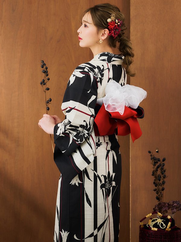 画像3: 【即日発送】【浴衣】ストライプ×百合レトロモダン浴衣【浴衣３点セット浴衣/帯/下駄】【YMT】