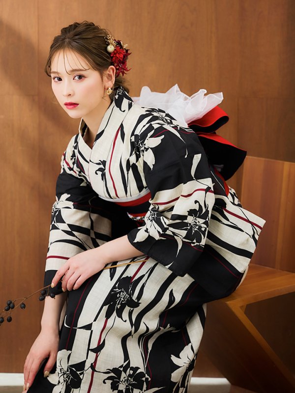 画像6: 【即日発送】【浴衣】ストライプ×百合レトロモダン浴衣【浴衣３点セット浴衣/帯/下駄】【YMT】
