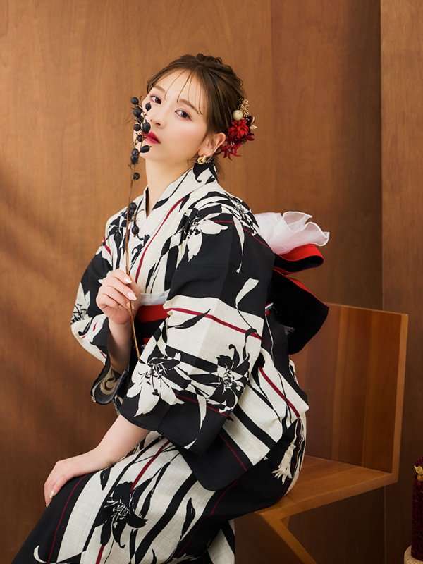 画像7: 【即日発送】【浴衣】ストライプ×百合レトロモダン浴衣【浴衣３点セット浴衣/帯/下駄】【YMT】