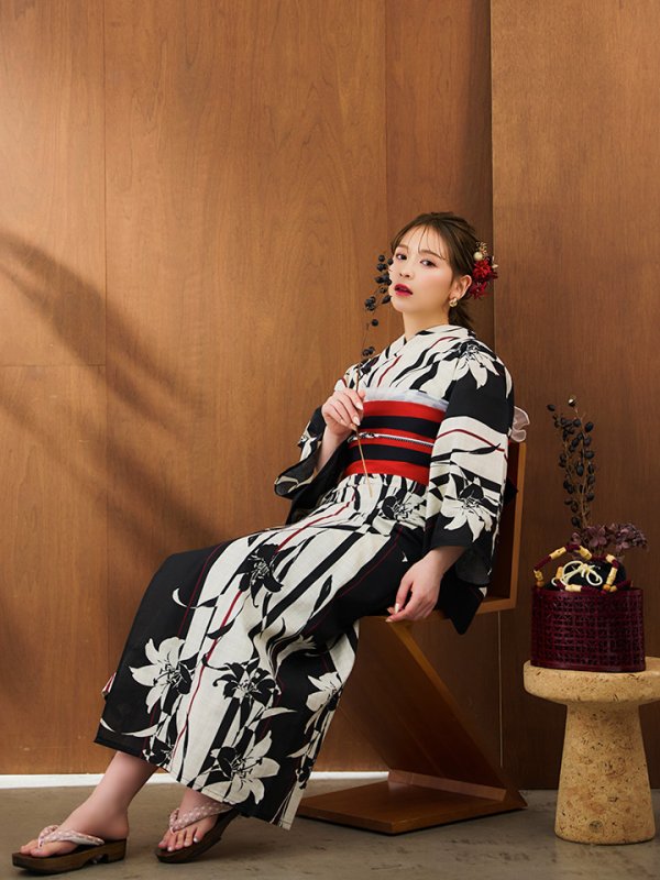 画像8: 【即日発送】【浴衣】ストライプ×百合レトロモダン浴衣【浴衣３点セット浴衣/帯/下駄】【YMT】