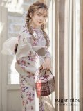 【浴衣】クリーム地にピンクの紫陽花浴衣（OBI-hira-100-ok-9-PxBR/ HIMO-900-yn-8-P/ HEKO-800-sb-4-P/ GETA-02-ok-5-P）[YMT]