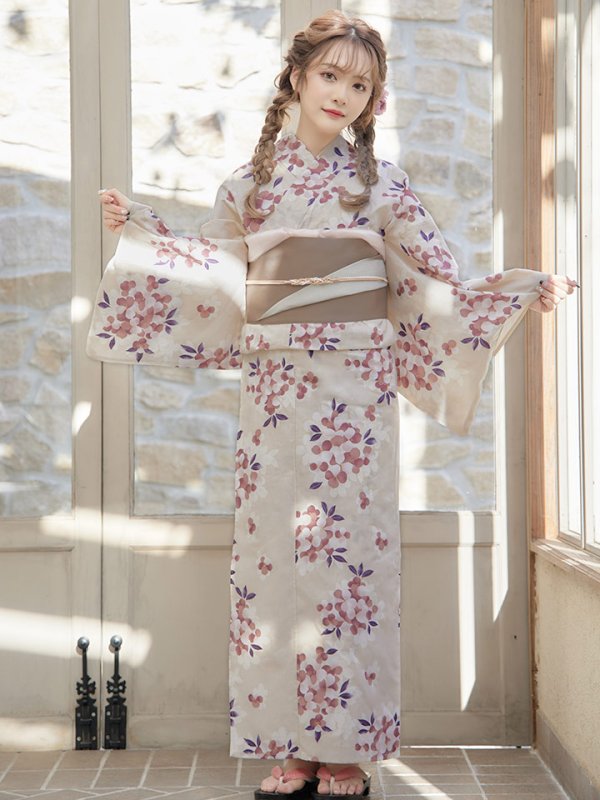 画像4: 【即日発送】【浴衣】クリーム地にピンクの紫陽花浴衣【浴衣３点セット浴衣/帯/下駄】[YMT]