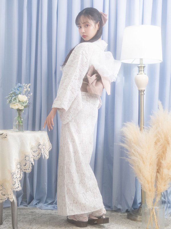 画像10: 即日発送!ピンク地×白レース浴衣  【浴衣３点セット 浴衣/帯/下駄】[YMT]