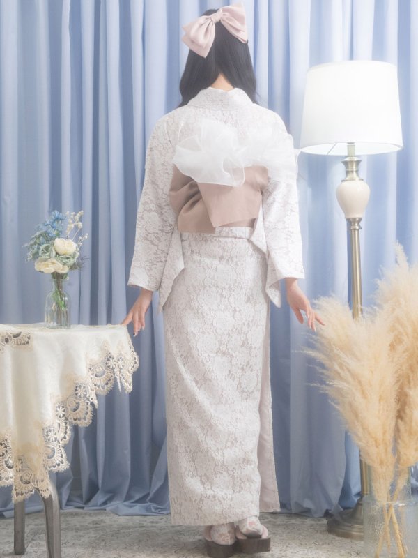 画像5: 即日発送!ピンク地×白レース浴衣  【浴衣３点セット 浴衣/帯/下駄】[YMT]