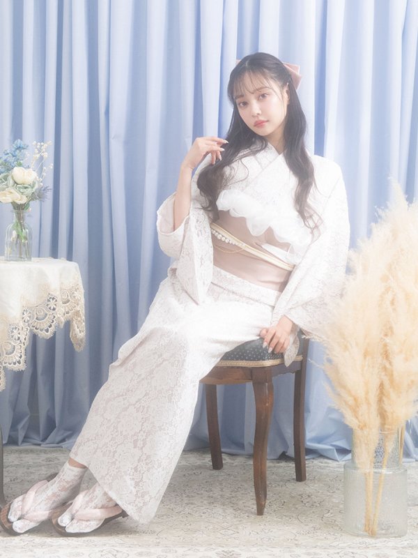 画像6: 即日発送!ピンク地×白レース浴衣  【浴衣３点セット 浴衣/帯/下駄】[YMT]