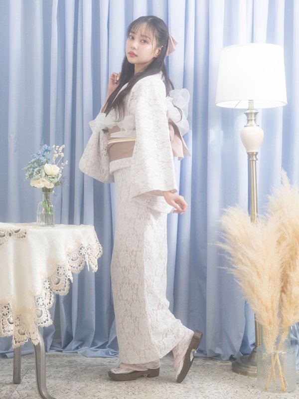 画像7: 即日発送!ピンク地×白レース浴衣  【浴衣３点セット 浴衣/帯/下駄】[YMT]