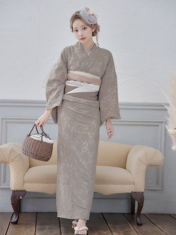 画像4: 【浴衣セール！】即日発送!【浴衣】ベージュ×フラワーレース浴衣【浴衣３点セット浴衣/帯/下駄】[YMT]