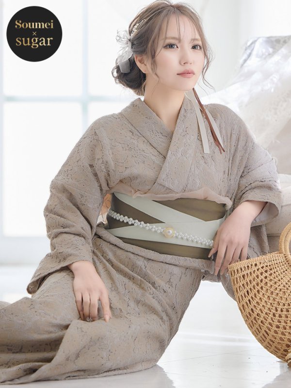 画像3: 【即日発送】【浴衣セール！】【浴衣】ベージュ×フラワーレース浴衣【浴衣３点セット浴衣/帯/下駄】[YMT]