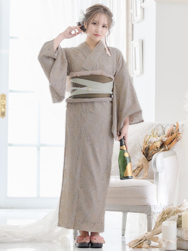 画像4: 【即日発送】【浴衣セール！】【浴衣】ベージュ×フラワーレース浴衣【浴衣３点セット浴衣/帯/下駄】[YMT]