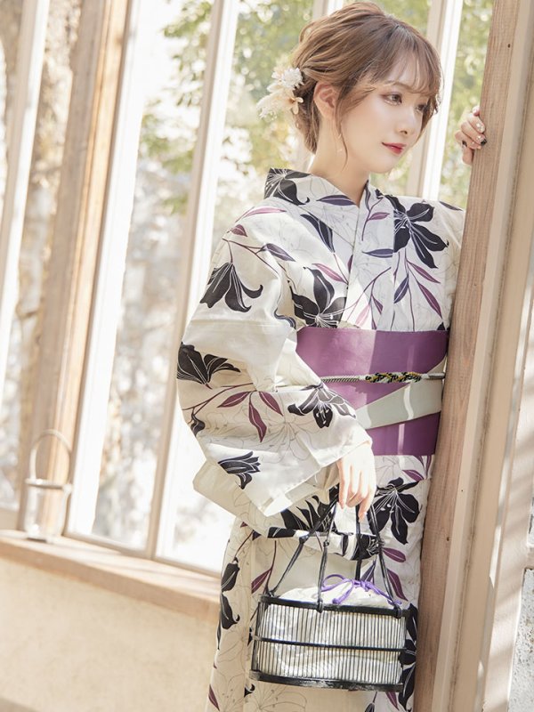 画像11: 【即日発送！】【浴衣】白地×百合柄浴衣【浴衣３点セット浴衣/帯/下駄】[YMT]