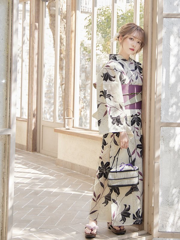 画像5: 【即日発送！】【浴衣】白地×百合柄浴衣【浴衣３点セット浴衣/帯/下駄】[YMT]