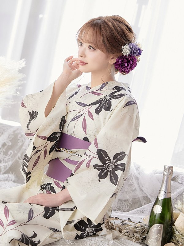 画像5: 【即日発送！】【浴衣】白地×百合柄浴衣【浴衣３点セット浴衣/帯/下駄】[YMT]