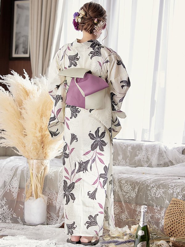 画像8: 【即日発送！】【浴衣】白地×百合柄浴衣【浴衣３点セット浴衣/帯/下駄】[YMT]