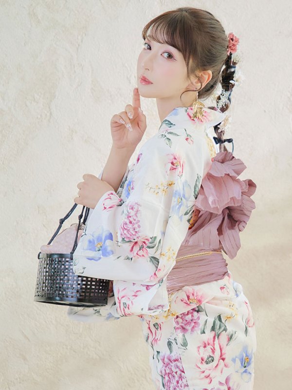 画像9: 【即日発送】【浴衣】白地×ボタニカル牡丹浴衣  【浴衣３点セット 浴衣/帯/下駄】[YMT]