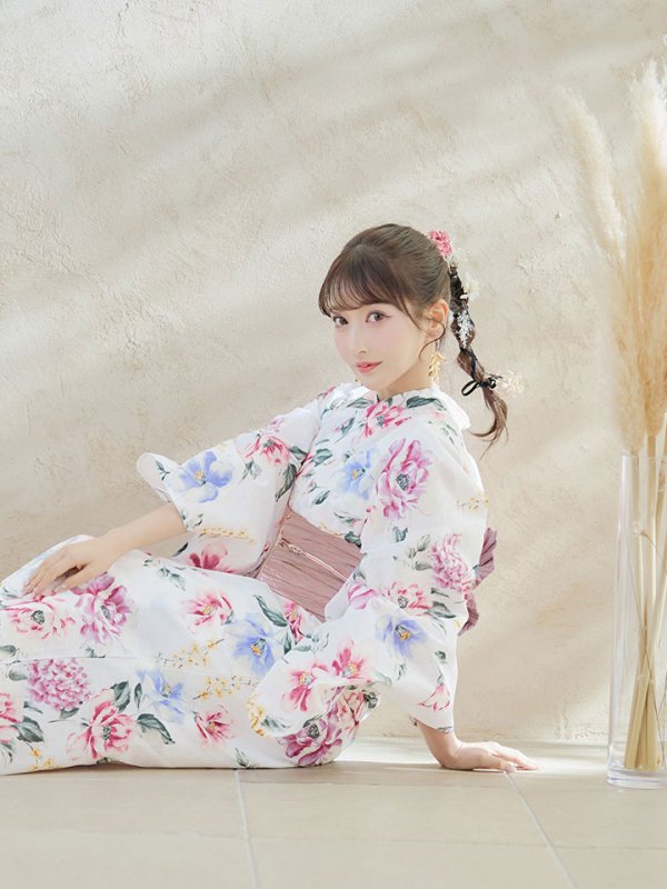 画像10: 【即日発送】【浴衣】白地×ボタニカル牡丹浴衣  【浴衣３点セット 浴衣/帯/下駄】[YMT]