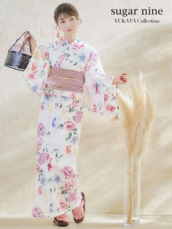 画像3: 【即日発送】【浴衣】白地×ボタニカル牡丹浴衣  【浴衣３点セット 浴衣/帯/下駄】[YMT]