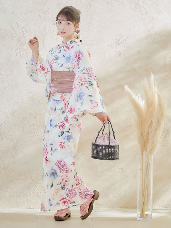 画像4: 【即日発送】【浴衣】白地×ボタニカル牡丹浴衣  【浴衣３点セット 浴衣/帯/下駄】[YMT]