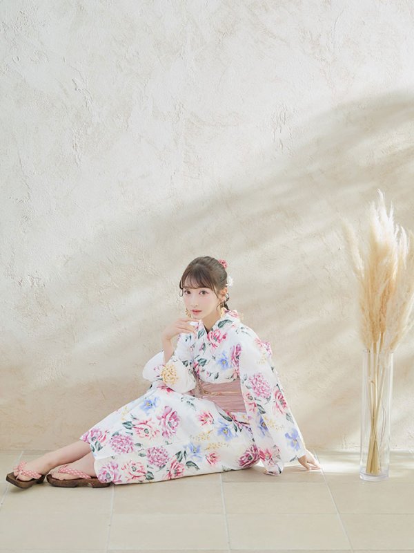 画像8: 【即日発送】【浴衣】白地×ボタニカル牡丹浴衣  【浴衣３点セット 浴衣/帯/下駄】[YMT]