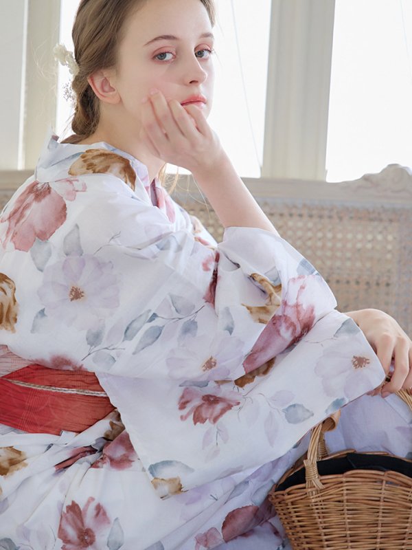 画像10: 【即日発送】【浴衣】白地x暖色椿浴衣  【浴衣３点セット 浴衣/帯/下駄】[YMT]