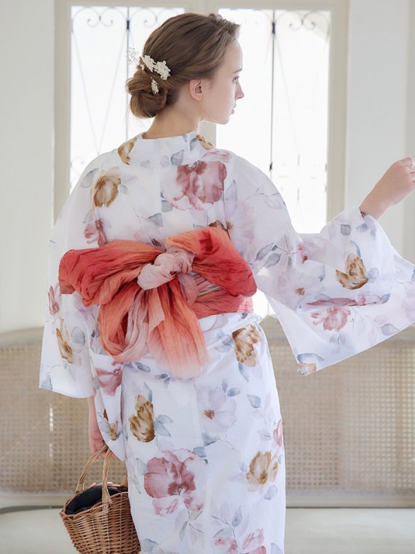 画像11: 【即日発送】【浴衣】白地x暖色椿浴衣  【浴衣３点セット 浴衣/帯/下駄】[YMT]