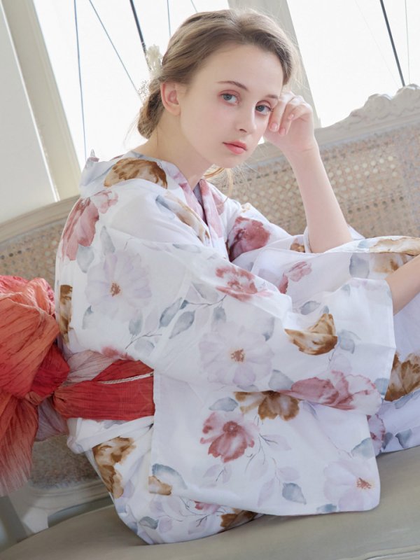 画像12: 【即日発送】【浴衣】白地x暖色椿浴衣  【浴衣３点セット 浴衣/帯/下駄】[YMT]