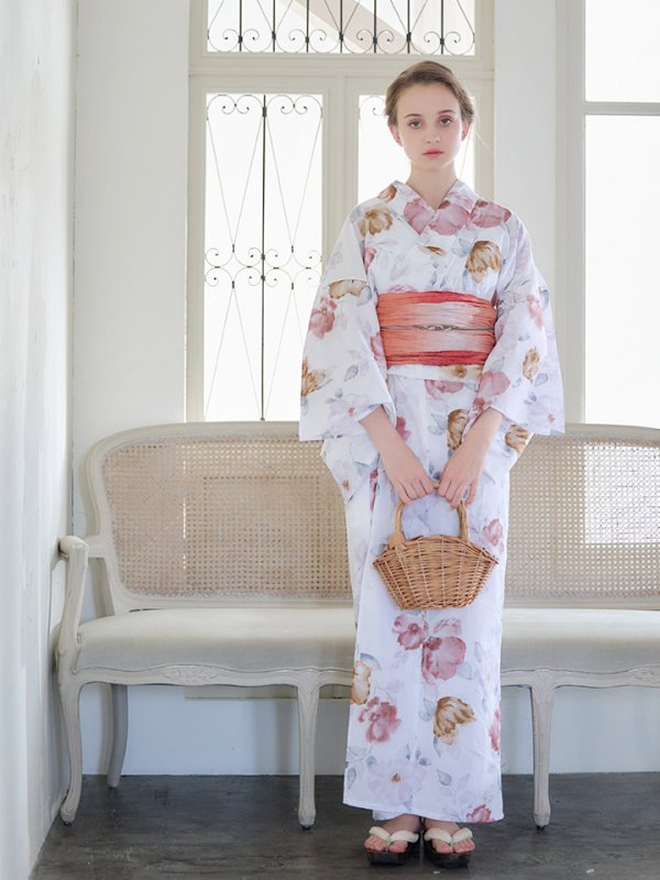 画像13: 【即日発送】【浴衣】白地x暖色椿浴衣  【浴衣３点セット 浴衣/帯/下駄】[YMT]