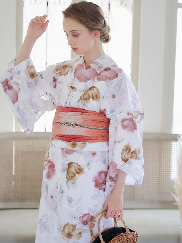 画像16: 【即日発送】【浴衣】白地x暖色椿浴衣  【浴衣３点セット 浴衣/帯/下駄】[YMT]
