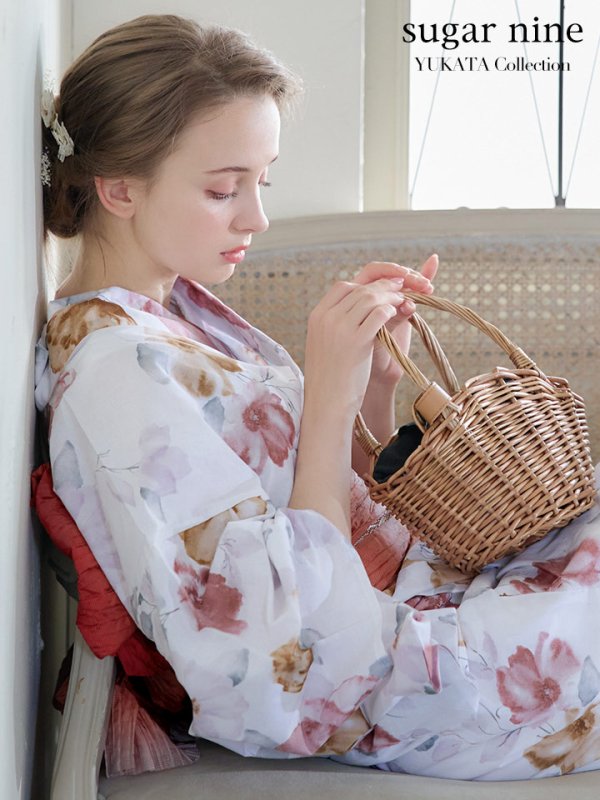 画像3: 【即日発送】【浴衣】白地x暖色椿浴衣  【浴衣３点セット 浴衣/帯/下駄】[YMT]