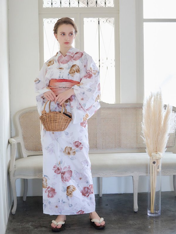 画像4: 【即日発送】【浴衣】白地x暖色椿浴衣  【浴衣３点セット 浴衣/帯/下駄】[YMT]