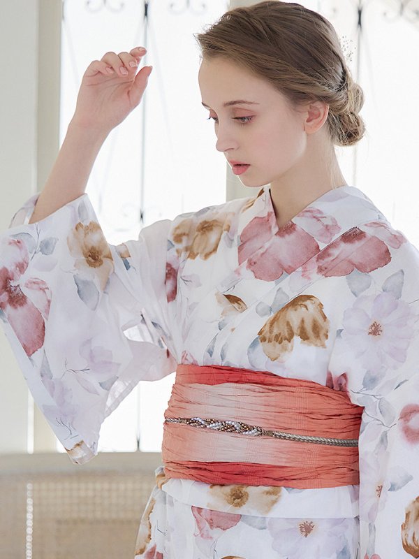 画像5: 【即日発送】【浴衣】白地x暖色椿浴衣  【浴衣３点セット 浴衣/帯/下駄】[YMT]