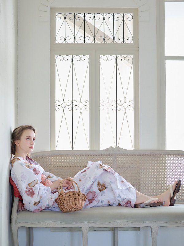 画像9: 【即日発送】【浴衣】白地x暖色椿浴衣  【浴衣３点セット 浴衣/帯/下駄】[YMT]