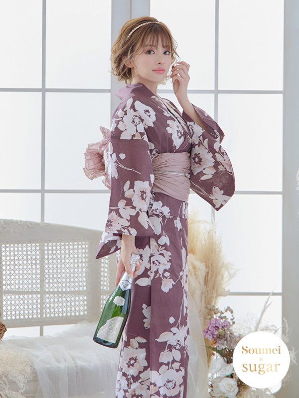 画像3: 【即日発送】【浴衣セール！】エンジ×椿ニュアンス浴衣  【浴衣３点セット 浴衣/帯/下駄】[YMT]