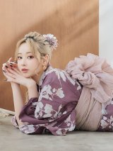 【浴衣セール!】【即日発送】エンジ×椿ニュアンス浴衣  【浴衣３点セット 浴衣/帯/下駄】[FB02]