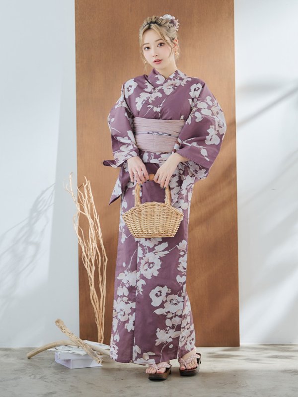 画像4: 【即日発送】【浴衣セール！】エンジ×椿ニュアンス浴衣  【浴衣３点セット 浴衣/帯/下駄】[YMT]