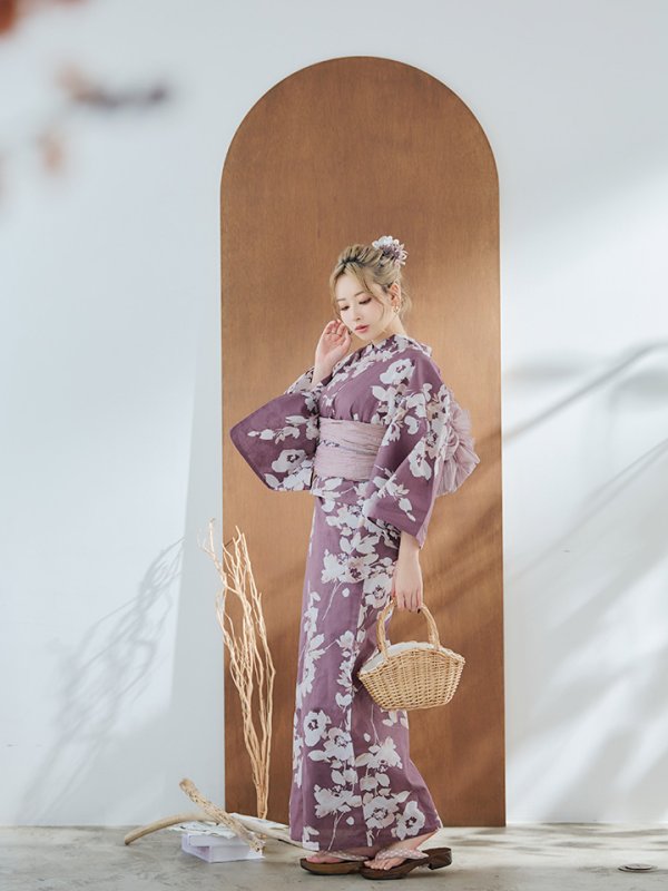 画像6: 【即日発送】【浴衣セール！】エンジ×椿ニュアンス浴衣  【浴衣３点セット 浴衣/帯/下駄】[YMT]