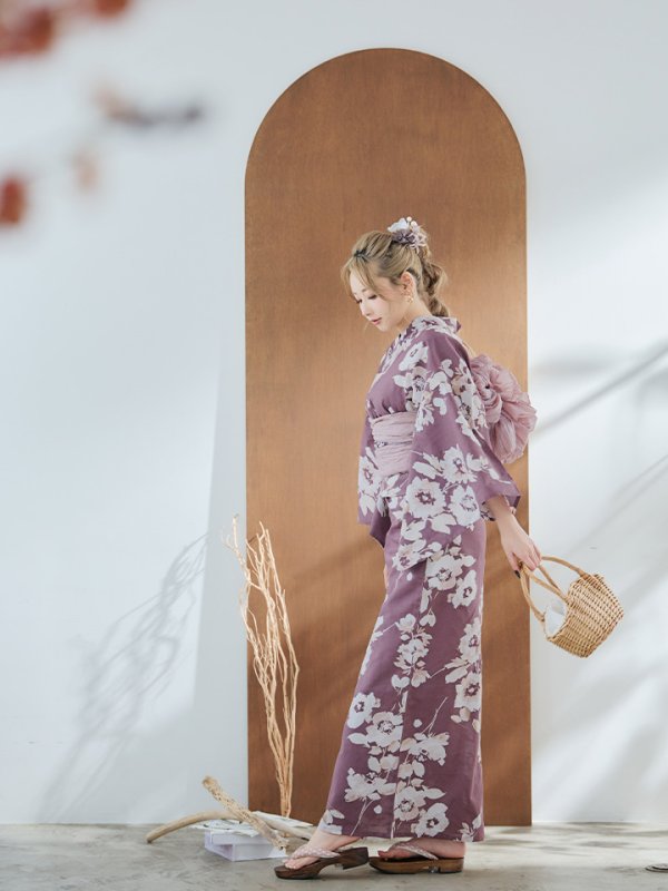 画像7: 【即日発送】【浴衣セール！】エンジ×椿ニュアンス浴衣  【浴衣３点セット 浴衣/帯/下駄】[YMT]