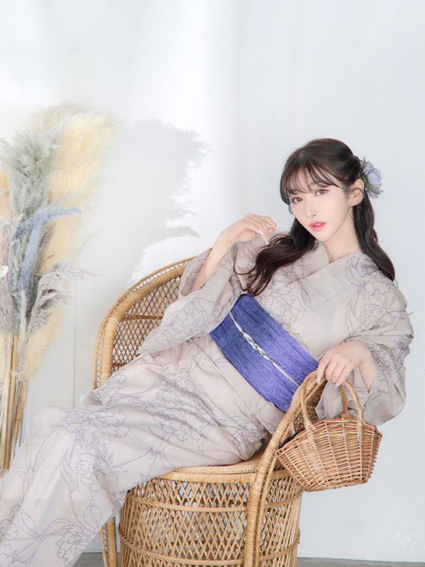 画像10: 【即日発送】ベージュ地に線画の椿浴衣  【浴衣３点セット 浴衣/帯/下駄】[YMT]