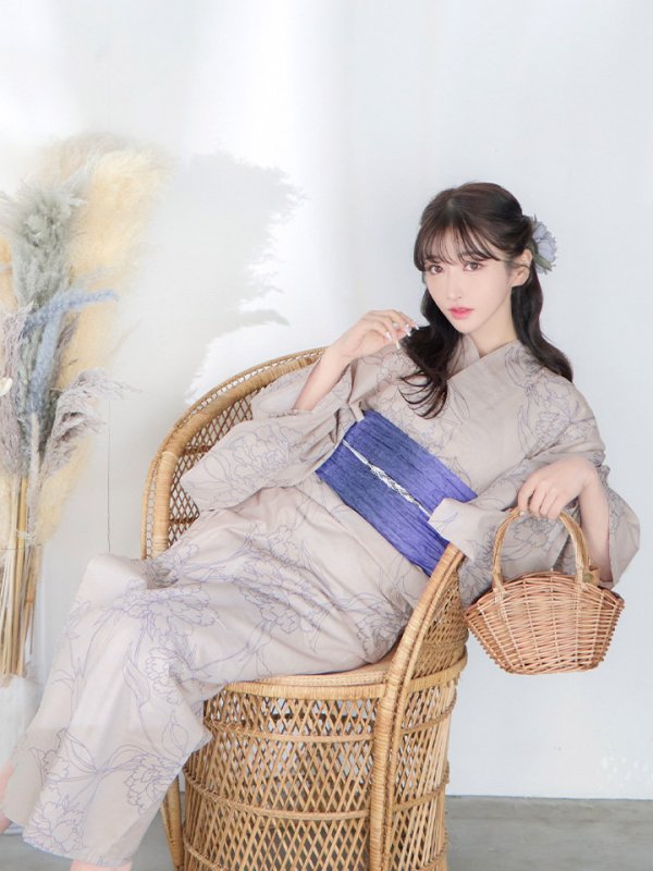 画像12: 【即日発送】ベージュ地に線画の椿浴衣  【浴衣３点セット 浴衣/帯/下駄】[YMT]