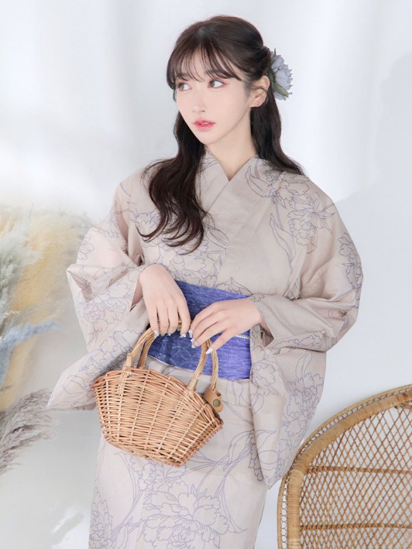 画像13: 【即日発送】ベージュ地に線画の椿浴衣  【浴衣３点セット 浴衣/帯/下駄】[YMT]