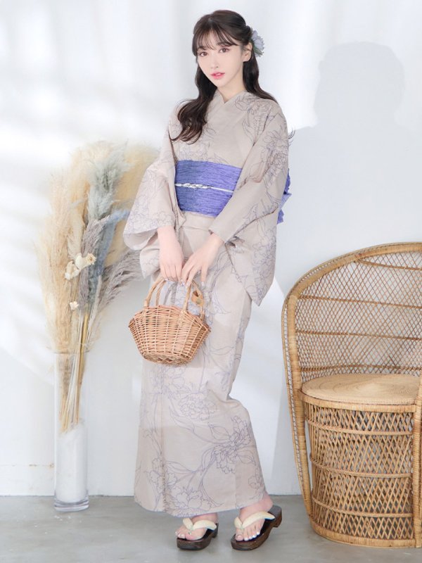 画像15: 【即日発送】ベージュ地に線画の椿浴衣  【浴衣３点セット 浴衣/帯/下駄】[YMT]