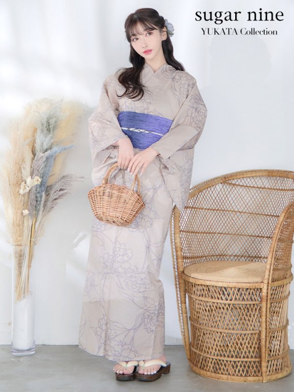 画像3: 【即日発送】ベージュ地に線画の椿浴衣  【浴衣３点セット 浴衣/帯/下駄】[YMT]