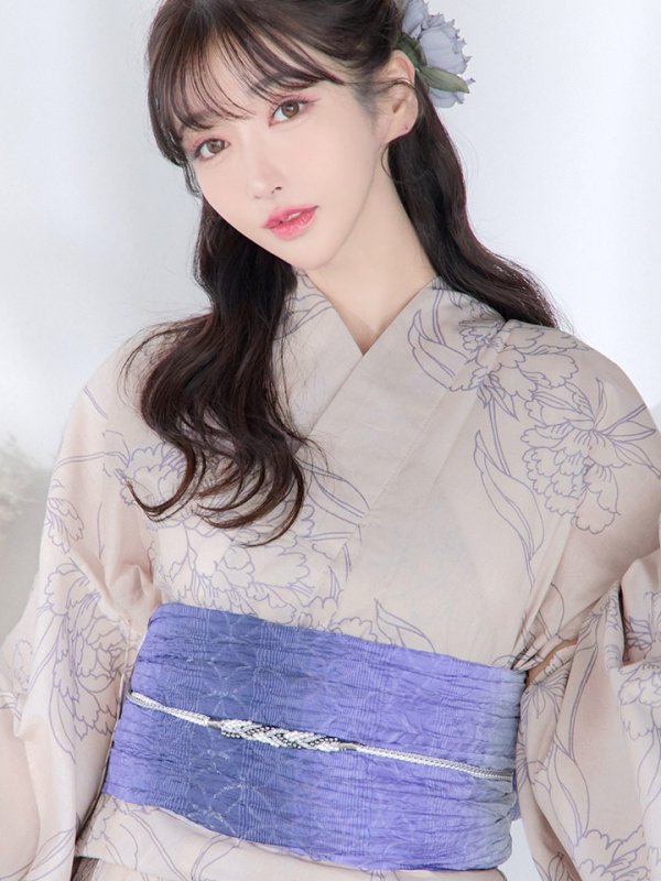 画像5: 【即日発送】ベージュ地に線画の椿浴衣  【浴衣３点セット 浴衣/帯/下駄】[YMT]