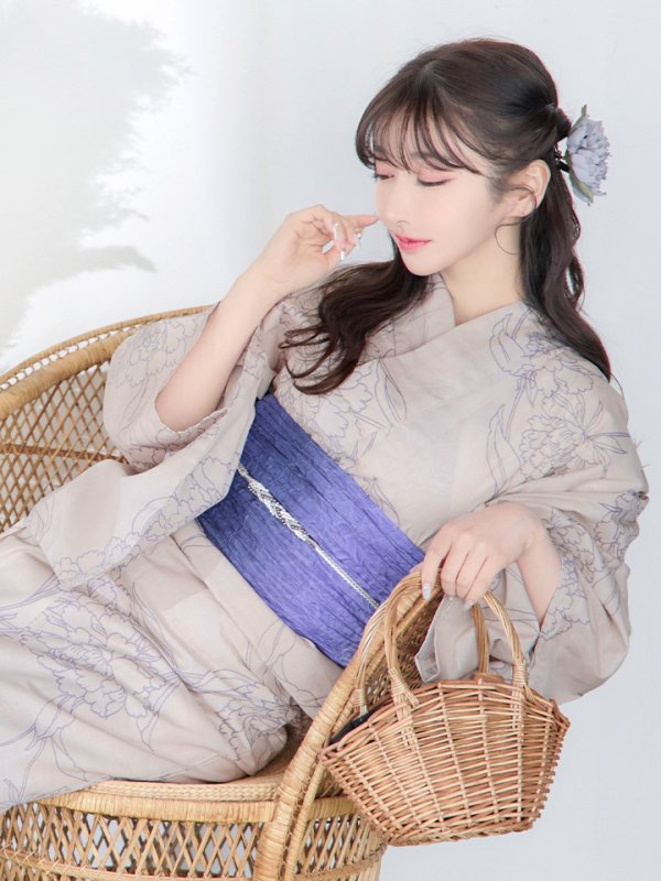 画像9: 【即日発送】ベージュ地に線画の椿浴衣  【浴衣３点セット 浴衣/帯/下駄】[YMT]